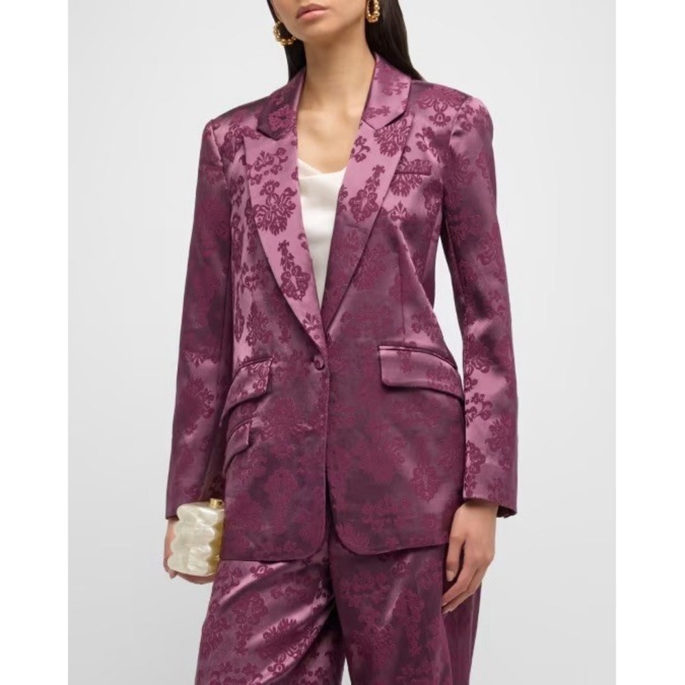 Cinq a Sept Faye Floral Satin Jacquard Dark Fig Purple Blazer Size 8 Baroque